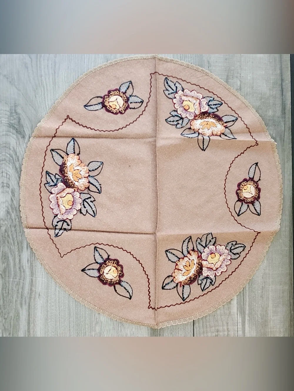 Vintage Punch Needle Embroidered Table Mat / Doily Warm Earth Tones
